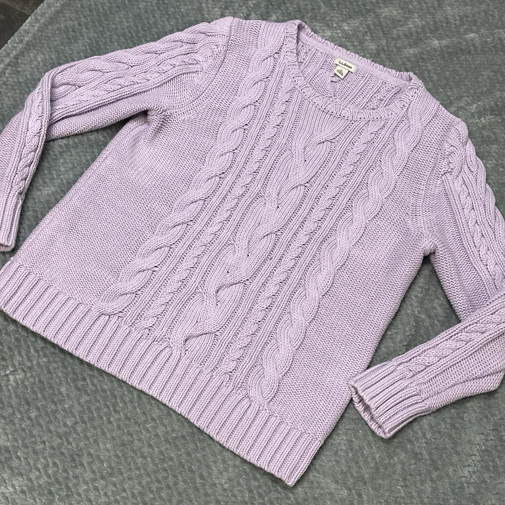 LL Bean Cable Knit Sweater Women's L Petites‎ Double L Mixed Crew Neck Pullover